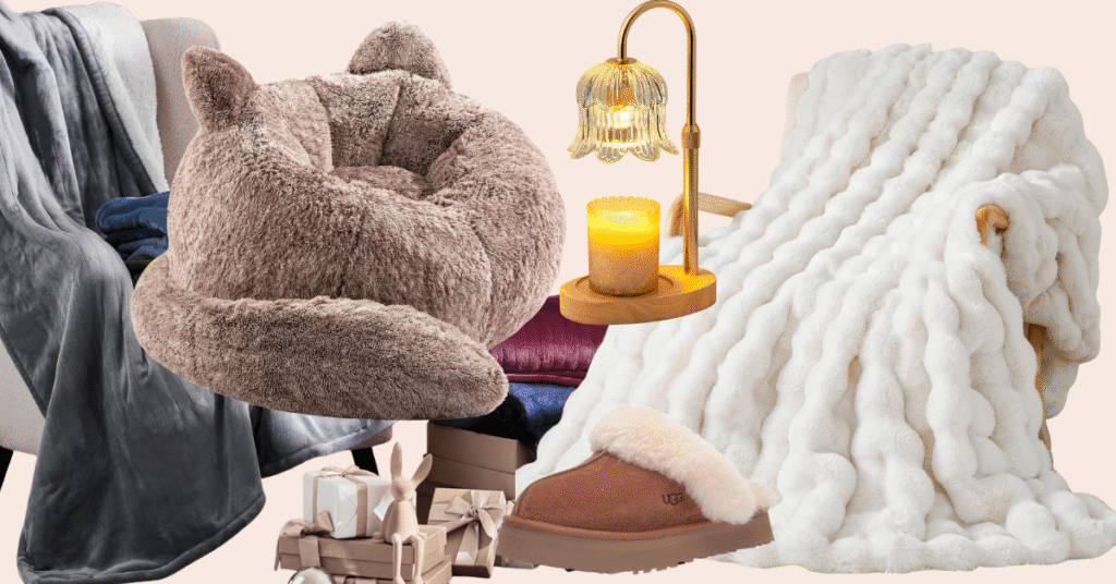 a selection of cozy gift ideas for homebodies, featuring blankets, slippers, warm lighting, a cat shaped bean bag and more