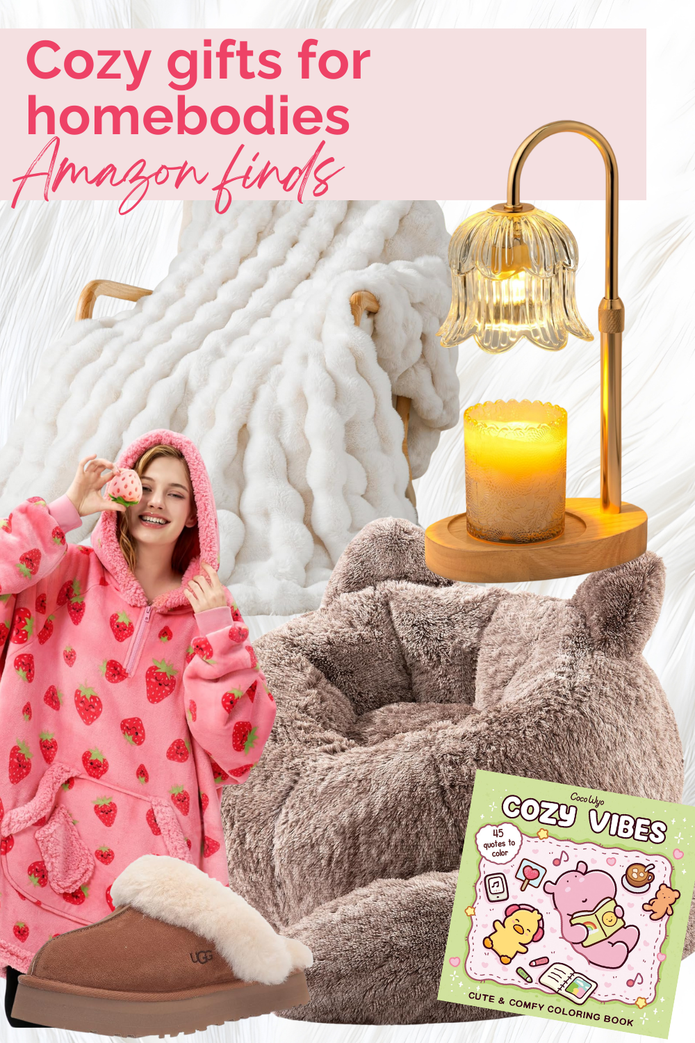 a selection of cozy gift ideas for homebodies, featuring blankets, slippers, warm lighting, a cat shaped bean bag and more