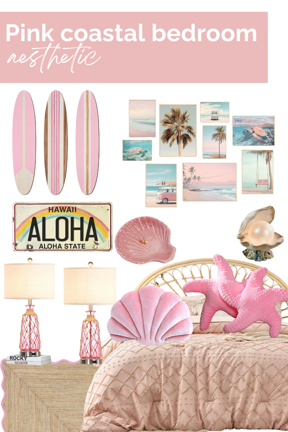 a collage showcasing the pink coastal bedroom aesthetic, including pink beachy decor finds such as wall art, bedding, pillows and more