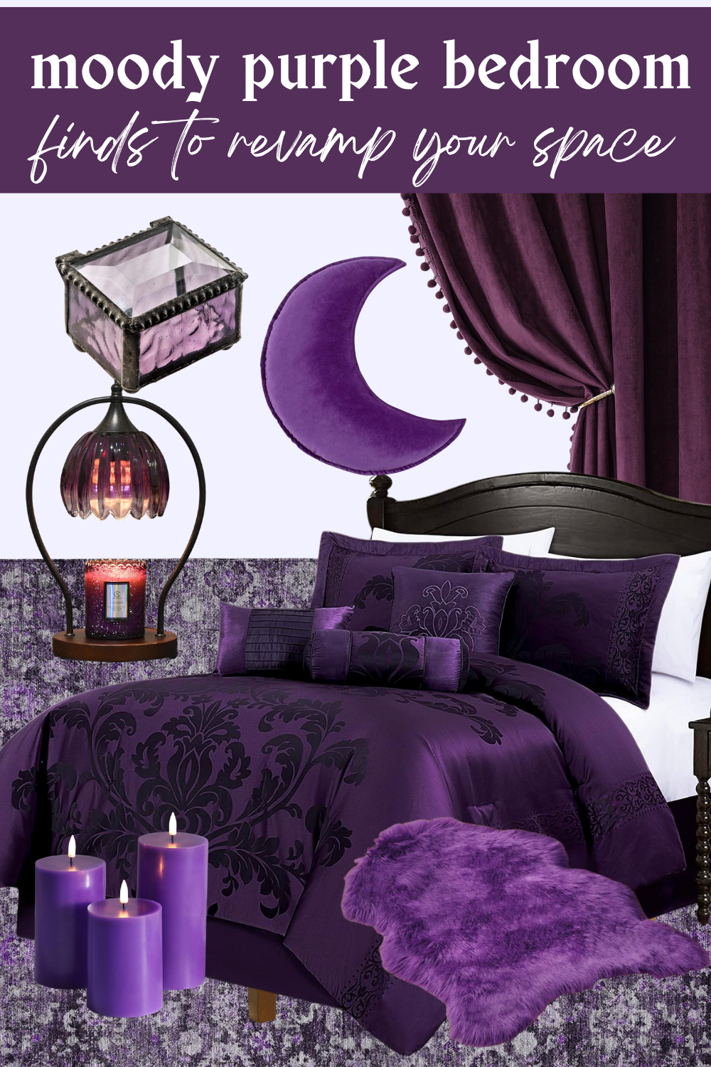A moody purple bedroom moodboard, showcasing different decor finds to capture a moody purple bedroom aesthetic, including pillows, bedding, lamps and more